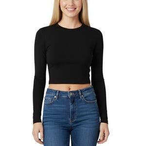 Susana Monaco Crewneck Cropped Long Sleeve Top Black NWT Size XS